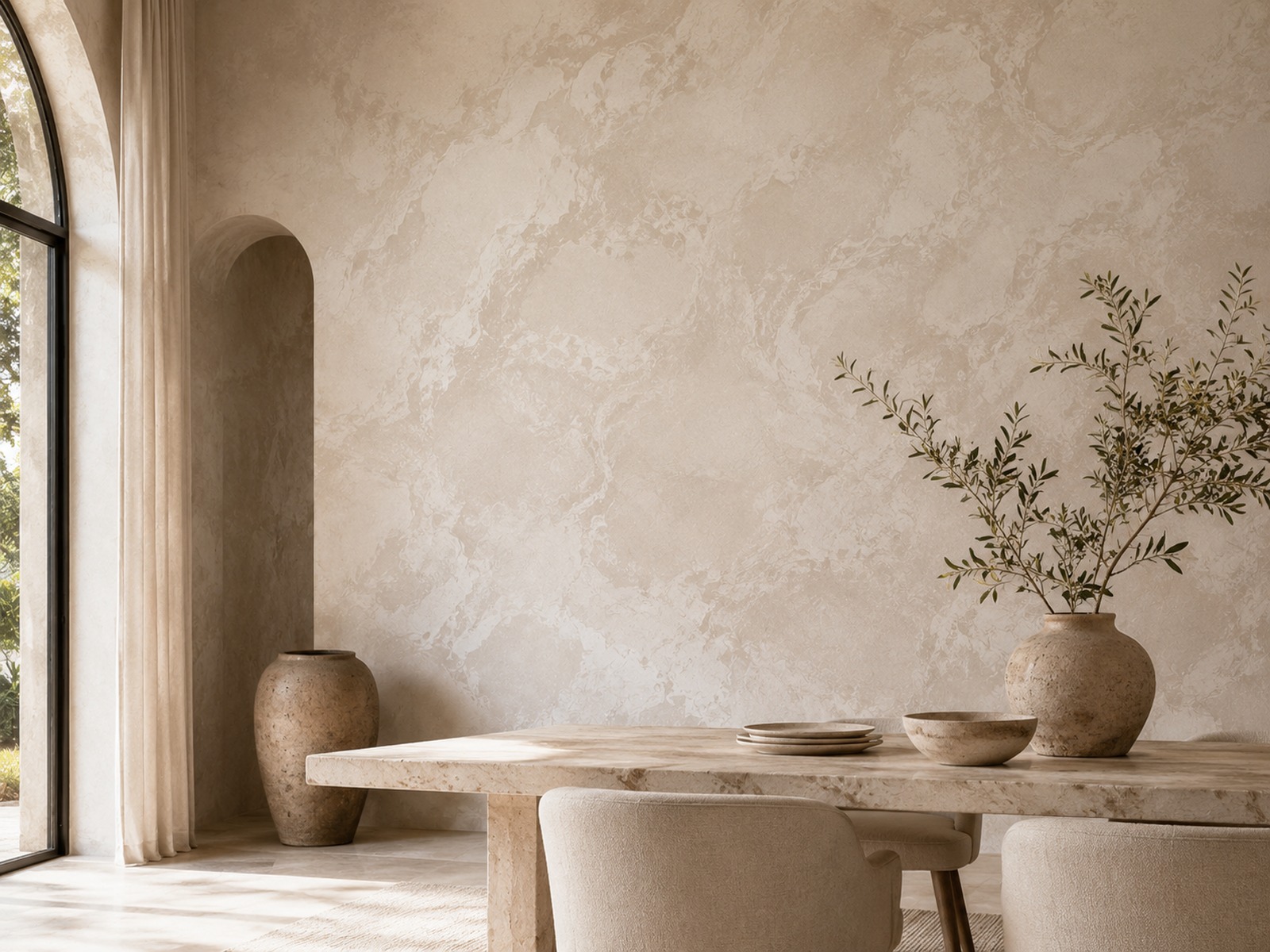 Warm Venetian plaster fireplace wall and neutral seating