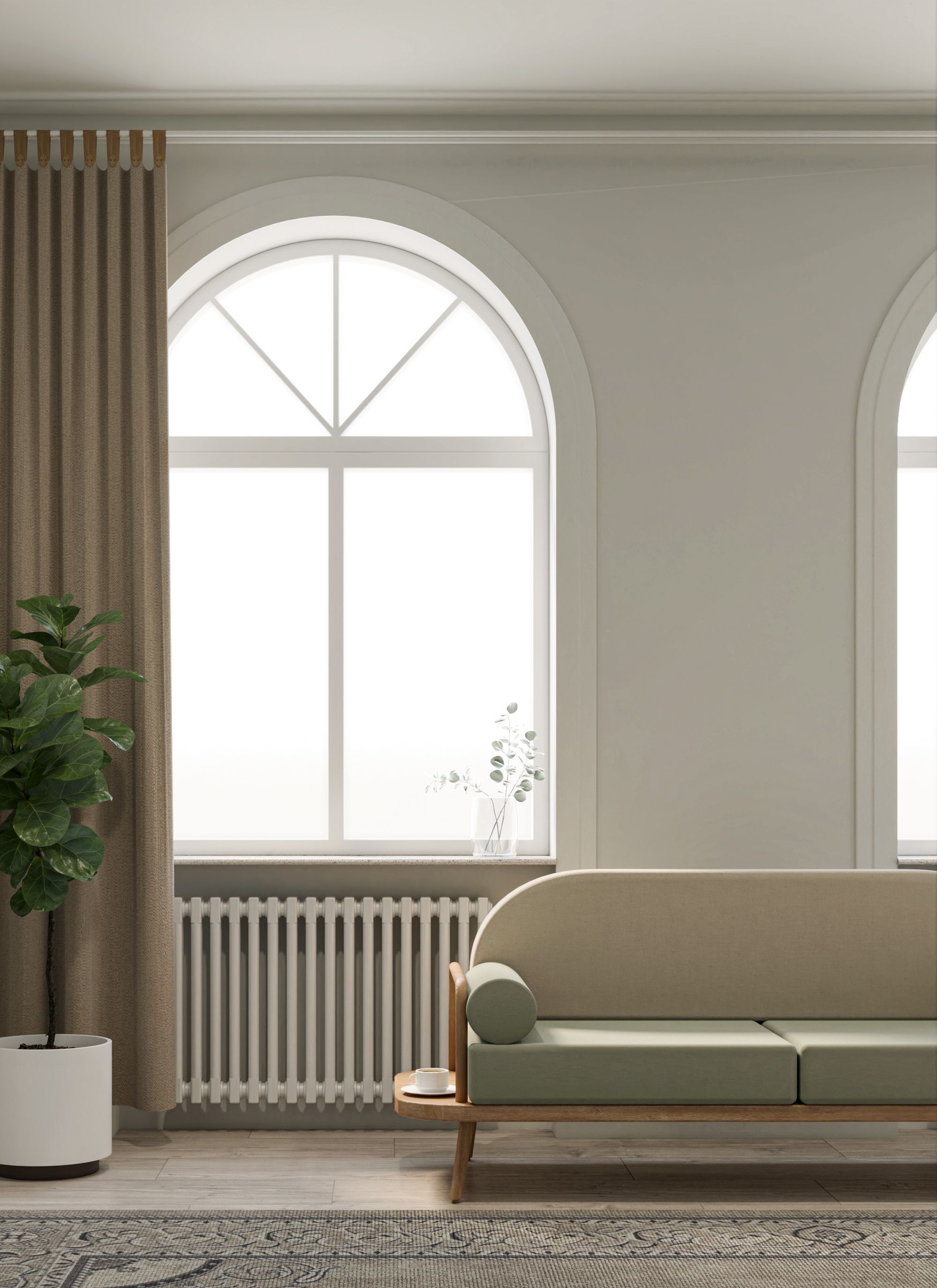 Soft neutral limewash wall behind a sculptural sofa