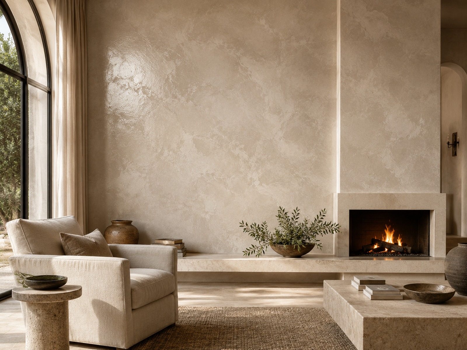 Soft neutral limewash wall behind a sculptural sofa