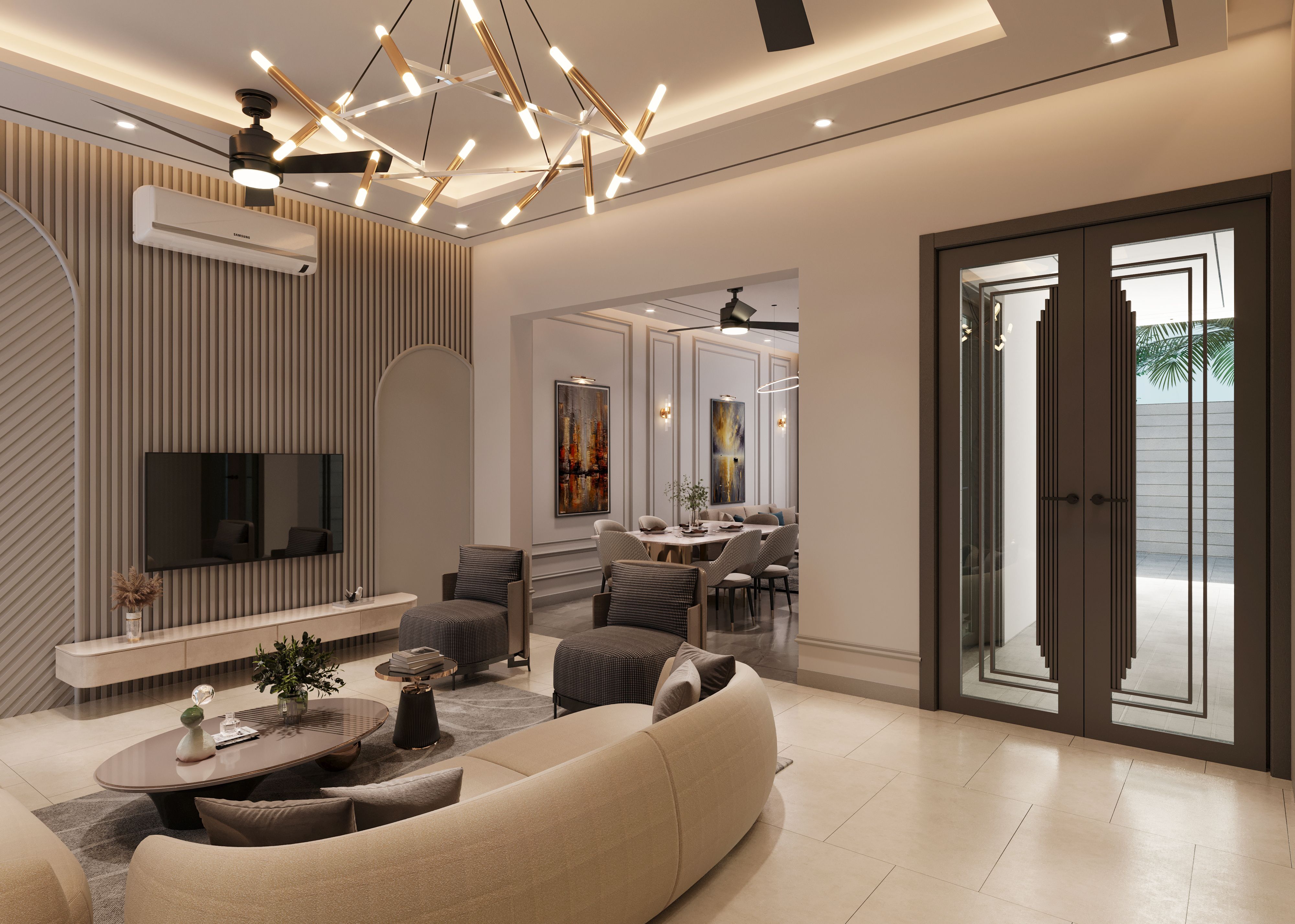 Neutral plaster interior with tree and curved seating