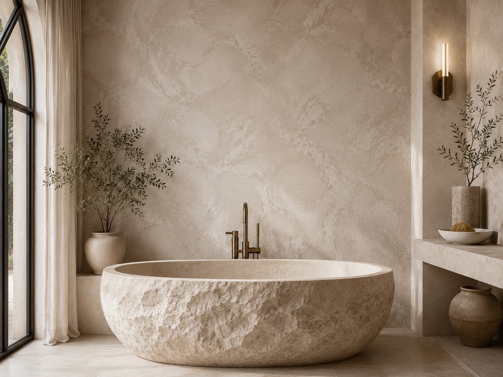 Neutral plaster interior with tree and curved seating