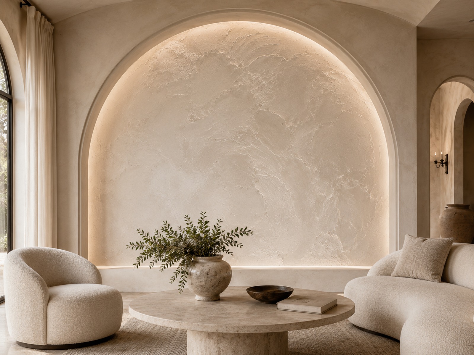 Arched niche with a warm custom textured finish