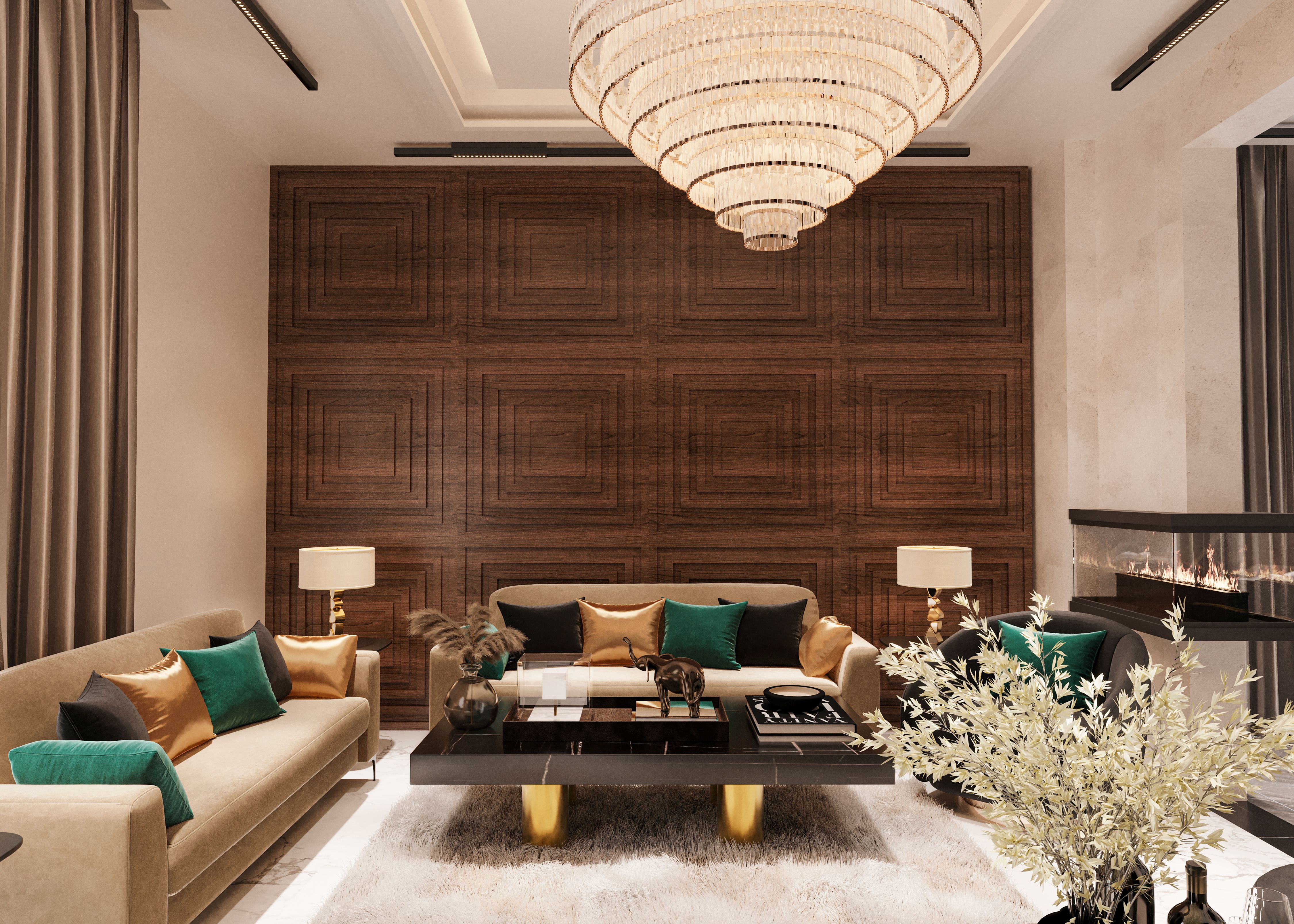 Modern interior with warm specialty wall finish